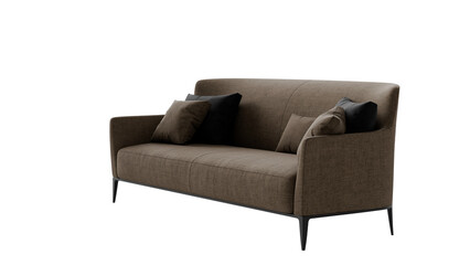 Modern textile sofa with pillows on a transparent background.
