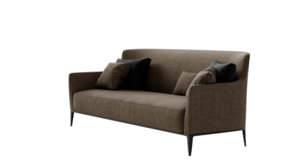 Modern textile sofa with pillows on a transparent background.
