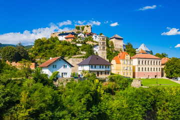 Obraz premium Panoramic view of the old town of Jajce, church tower of St Luke and fortress, Bosnia and Herzegovina 
