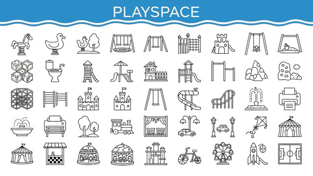 Playground and amusement park line icon set for kids' entertainment and recreation vector graphic collection