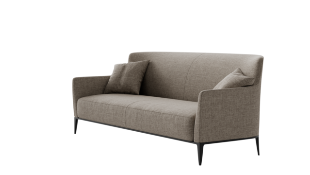 Modern couch with pillows on a transparent background.
