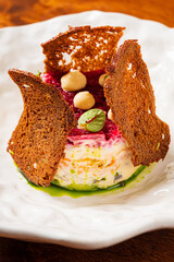 Delicate cream and fruity toppings on crisp, golden bread make a delightful dessert