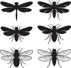 Various Black Silhouettes of Flying Insects Collection on White Background