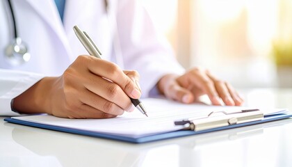 Doctor's hand with pen writing on medical chart on clipboard close up view