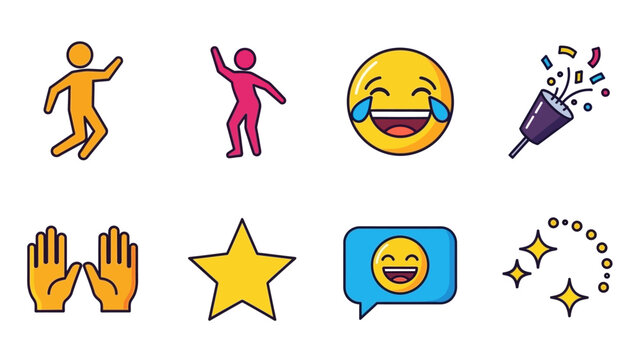 Colorful icon sheet featuring celebration and happiness symbols like party poppers, laughing emojis, and dancing people for graphic design