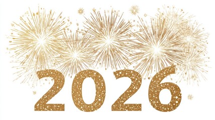 2026 New Year celebration illustration featuring golden fireworks bursting above clean text on white backdrop