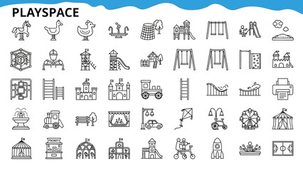 Collection of simple line art icons depicting various playground and recreational elements