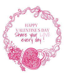 Vector decorative romantic frame with a lock and key and ribbon bow curls. Love invitation template. Valentine's Day decor