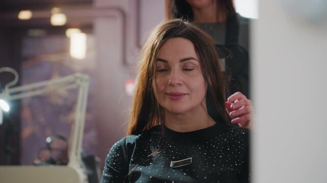 shiny hair confident, reflection highlights glossy hair confidence, mirror image accentuates lustrous hair and selfconfidence, reflected figure showcases radiant hair and personal assurance skills