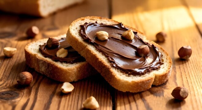 Slices of bread with chocolate spread and hazelnuts on wooden table, closeup