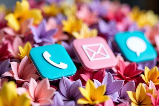 Vibrant Origami Icons of Phone, Email, and Post Resting on Real Flowers