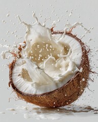 Cracked coconut with thick creamy white coconut milk splash, fresh tropical fruit, natural texture, energetic and refreshing concept