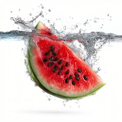 Slice of red watermelon splashing into clear water, fresh fruit, juicy, summer, isolated on white background, vibrant and refreshing concept