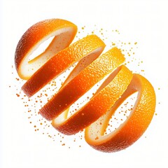 Bright orange peel spirals float in midair with vibrant zest particles, showcasing freshness, citrus aroma, and dynamic energy on clean white background