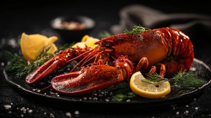 Whole lobster black slate plate garnished with fresh dill lemon slices sea salt elegant seafood presentation gourmet dining vibrant color appetizing luxury cuisine