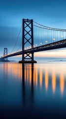 Obraz premium A long exposure photograph of a bridge over water at dusk, with the lights reflecting in the water. The sky is a gradient of blue and orange.