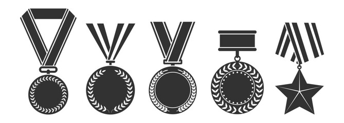 Medal award collection, gold winner symbols with laurels and star badges, champion victory prize set, classic sport achievement design illustration on transparent background