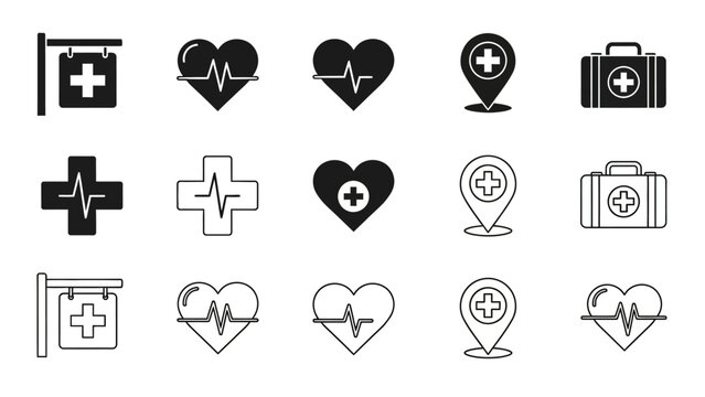 Collection of Medical and Healthcare Icons Crosses, Hearts, and Location Symbols