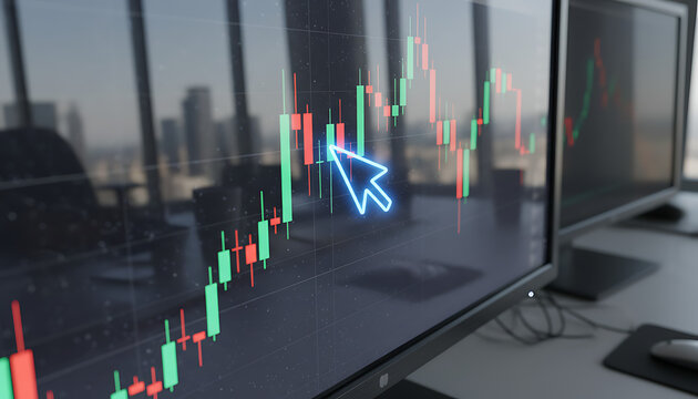 A glowing cursor interacts with a digital stock market candlestick chart on a monitor, reflecting a modern city office.