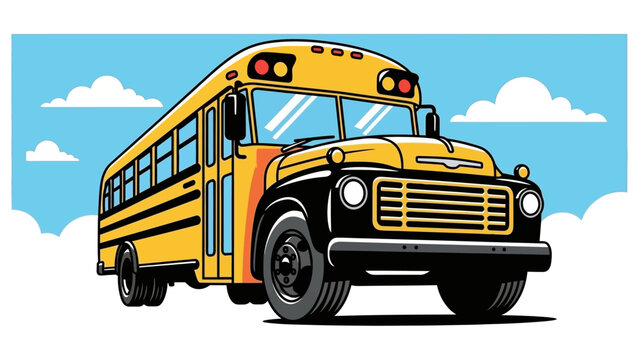 A stylized vector illustration of a classic yellow American school bus from a dynamic low-angle perspective against a blue sky with clouds