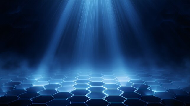 Futuristic hexagonal grid pattern illuminated by blue light beams, abstract digital background with glowing geometric shapes and misty atmosphere, modern and dynamic mood