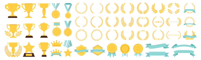 Trophy award medal collection, gold winner icons with laurels, champion badges, premium crowns and shields, decorative ribbons and banners, classic victory design set illustration © Pavlo