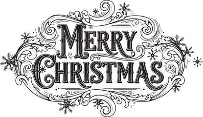 Obraz premium Elegant Merry Christmas vector typography design with intricate vintage scrollwork, snowflakes, and decorative flourishes, perfect for holiday greeting cards, seasonal banners, and festive winter.