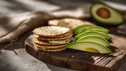 Crispy crackers, creamy cheese, and fresh avocado slices on rustic wooden board, healthy snack, natural light, inviting and wholesome presentation