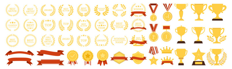 Trophy award medal collection, gold winner icons with laurels, champion badges, premium crowns and shields, decorative ribbons and banners, classic victory design set illustration