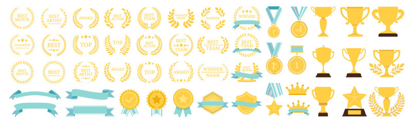 Award trophies, medals, laurel wreaths, crowns, stars, prize ribbons and achievement symbols, premium golden celebration elements, victory and winner icons on transparent background