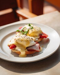 Eggs benedict poached egg ham English muffin hollandaise sauce breakfast brunch creamy savory outdoor table close up garnished with herbs sunlight delicious gourmet meal