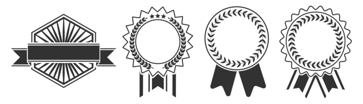 Award badge set, premium rosette and ribbon medal illustration with star symbols, quality seal and certified approval emblem design collection on transparent background