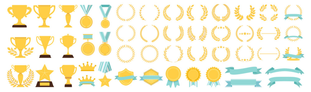 Trophy award medal collection, gold winner icons with laurels, champion badges, premium crowns and shields, decorative ribbons and banners, classic victory design set illustration
