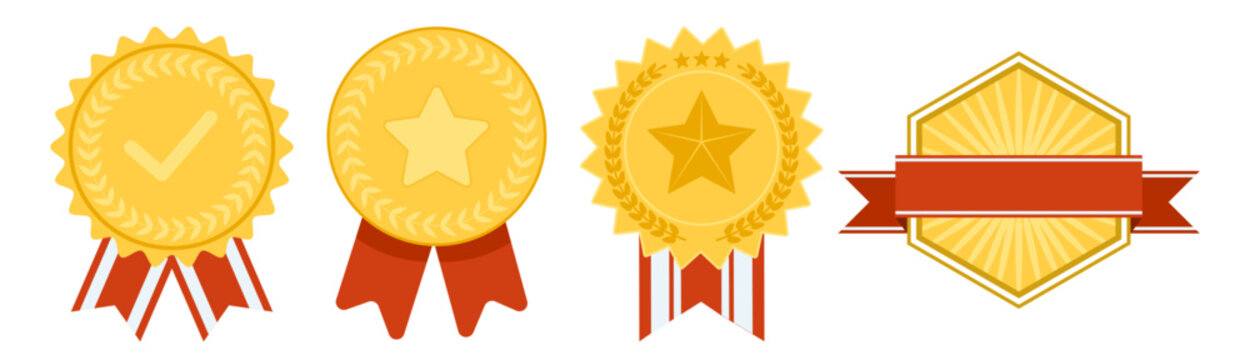 Medal award badge collection, classic victory wreath emblems with stars and ribbons, premium gold seal design set illustration on transparent background