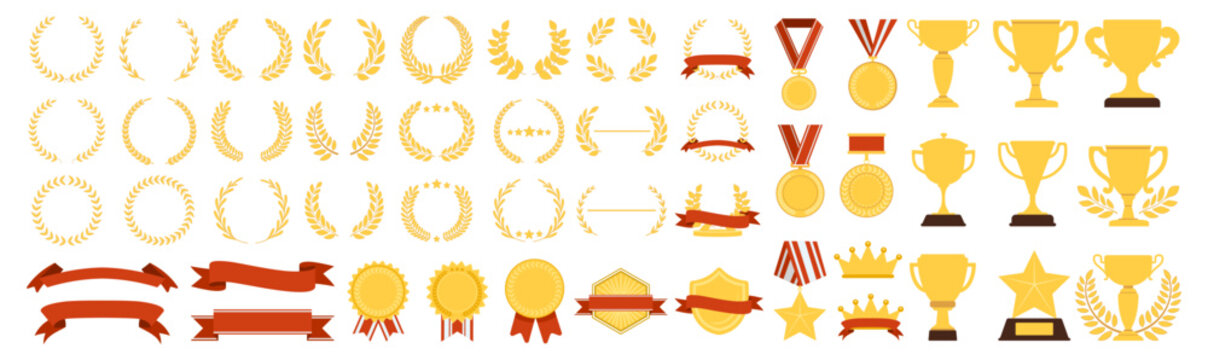 Award trophies, medals, laurel wreaths, crowns, stars, prize ribbons and achievement symbols, premium golden celebration elements, victory and winner icons on transparent background