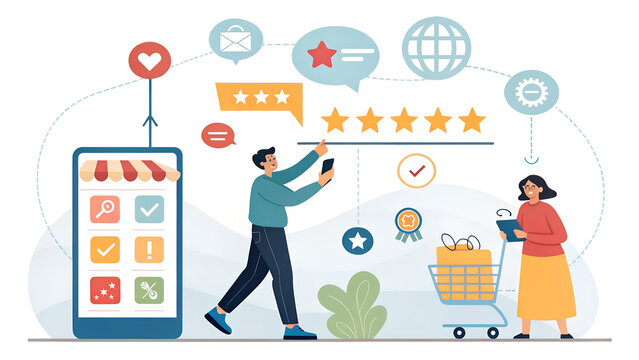 Customer experience and digital marketing concept. Interacting with a digital interface showing icons customer experience, online shopping, feedback, marketing strategies and personalized engagement.