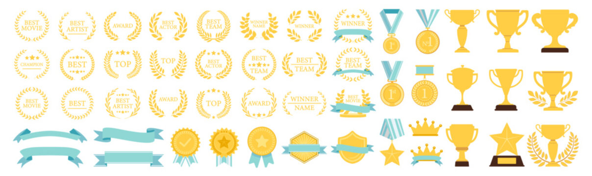 Award trophies, medals, laurel wreaths, crowns, stars, prize ribbons and achievement symbols, premium golden celebration elements, victory and winner icons on transparent background