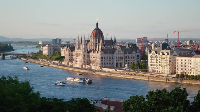 Budapest, Hungary, looking down toward the historic Neogothic parliament building and river Danube