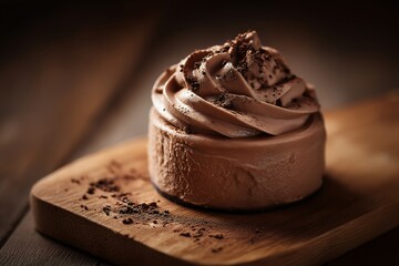 Chocolate mousse dessert on wooden board with creamy swirl and cocoa powder, close up, side lighting creates warm, inviting mood, perfect for sweet treat lovers and rustic settings