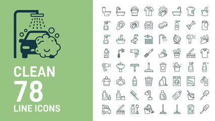 Cleaning and hygiene thin line icon set. A comprehensive collection of vector symbols for housekeeping, laundry, and personal care