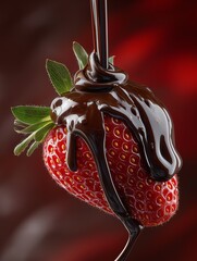 Fresh strawberry rich dark melted chocolate dessert sweet red fruit glossy indulgent closeup delicious gourmet treat dripping chocolate romantic mood