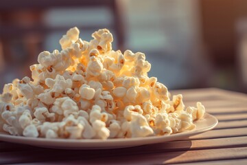 Fresh popcorn on clean white plate, outdoor table, soft natural sunlight, macro shot, warm and inviting atmosphere, perfect for snack time or movie night enjoyment