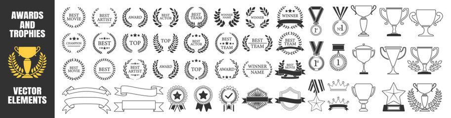 Award trophies, medals, laurel wreaths, crowns, stars, prize ribbons and achievement symbols, premium golden celebration elements, victory and winner icons on transparent background