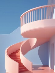 Spiral staircase pastel pink modern architecture outdoor blue sky minimal design curved railing sunlight contemporary artistic structure create calm and inviting atmosphere