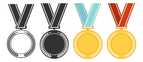 Medal award collection, winner champion icons, victory star badges, sport achievement symbols, prize ribbon wreath set, classic honor design illustration on transparent background