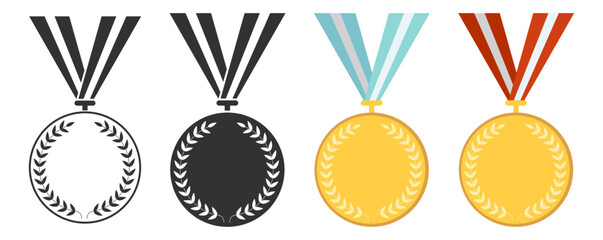 Medal award collection, winner champion icons, victory star badges, sport achievement symbols, prize ribbon wreath set, classic honor design illustration on transparent background