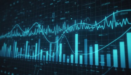 Glowing blue digital financial chart with bar graphs and line charts on a dark screen, illustrating stock market data, forex trading, and economic analysis