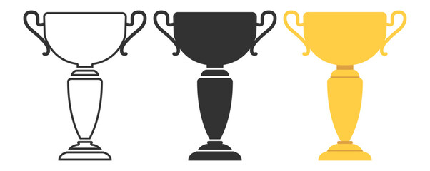 Trophy award cup collection, gold winner symbols with stars and laurels, champion victory prize set, classic competition emblem design illustration on transparent background