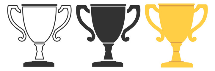 Trophy award collection, gold winner cups, champion celebration symbols, sport achievement icons, prize ceremony badges, premium victory design set on transparent background