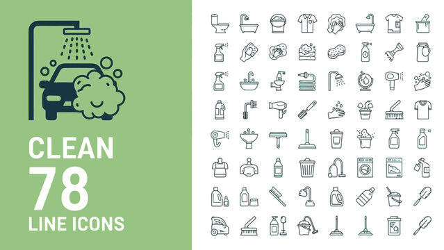 Cleaning and hygiene thin line icon set. A comprehensive collection of vector symbols for housekeeping, laundry, and personal care